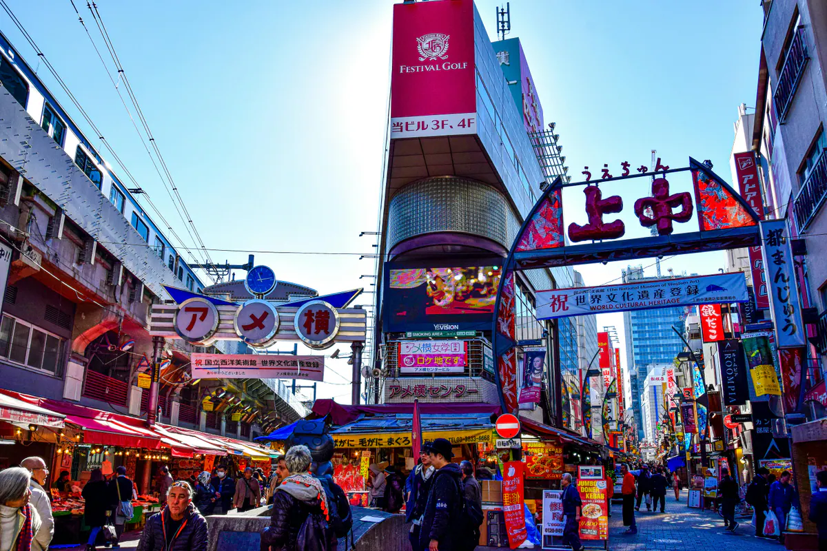 Ameyoko's shopping street and colorful entrance signs near Ueno