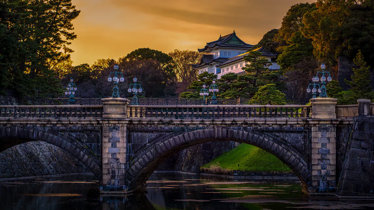 The Imperial Palace Main Gate's arched stone bridge over the moat, with Fushimi watchtower beyond the trees